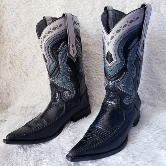 SALE🔥 Black Butterfly Snip Toe Lizard Western Boots Mexican Botas - Picture 2 of 16